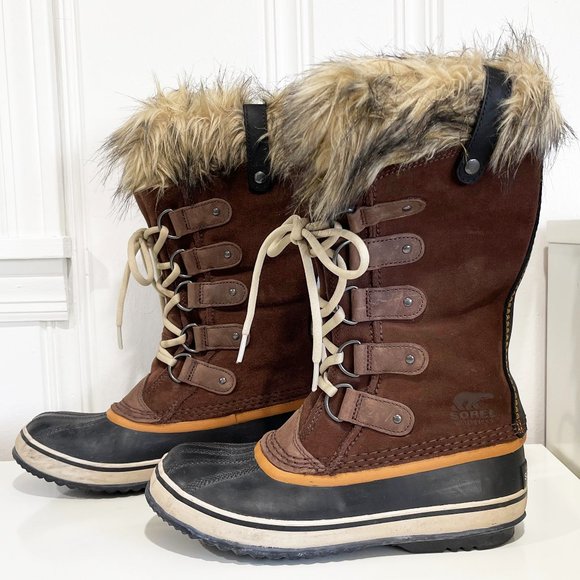 😍 SOREL WOMAN JOAN OF ARCTIC SNOW BOOTS BORWN WATERPROOF SUEDE FAUX FUR TOP 😘 - Picture 2 of 13
